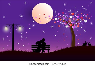 Love couple sitting on chair looking to the moon under love tree. Silhouette background