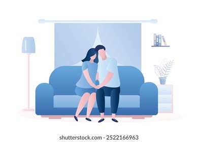 La pareja del amor está sentada en el sofá, interior de la sala de estar con muebles. Personajes masculinos y femeninos en estilo de moda. Retrato de familia, gente abrazando. Ilustración vectorial plana