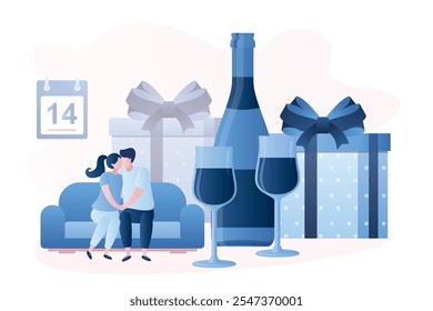 Love couple sitting on the couch and kissing. Gifts, Bottle and two glasses on background. People celebrate Valentine's Day on February 14th. Happy male and female characters. Vector illustration