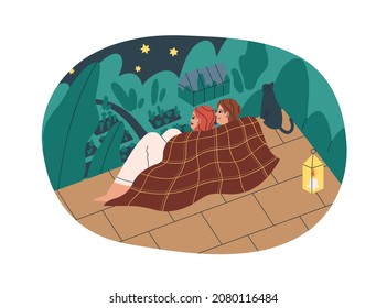 Love couple sitting on roof top. Romantic man and woman under plaid look at night sky with stars on rooftop of country house on summer holidays. Flat vector illustration isolated on white background