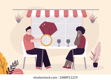 Love couple sitting in restaurant. Handsome caucasian man proposing marriage giving engagement diamond ring to beautiful african american woman. Man gives girl gold wedding ring with brilliant. vector