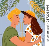Love couple sitting at the table, drinking cocktail or juice. Date in the street caffe. Romantic relationship vector illustration.