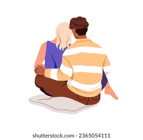 Ama a la pareja sentarse juntos y abrazarse, retrospectiva. Joven hombre romántico y mujer abrazándose desde atrás. Dos valentinas dulces, amantes. Ilustración vectorial plana aislada en fondo blanco