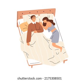 Love couple sleeping in bed together. Sleepy man and woman lying, dreaming on pillows under blanket. Wife and husband asleep at night. Flat graphic vector illustration isolated on white background