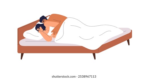 Love couple sleeping and cuddling in bed together, embracing. Male and female partners asleep, lying under blanket, dreaming, reposing at night. Flat vector illustration isolated on white background