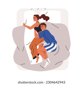 Love couple sleeping together, embracing, lying in bed, top view. Cute man and woman dreaming. Asleep wife and husband in funny pose, hugging. Flat vector illustration isolated on white background