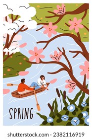 Love couple, spring season date in nature. Romantic man and woman in boat on river water. Valentines enjoying blossomed flowers, blooming trees outdoors. Delicate postcard. Flat vector illustration