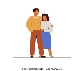 Love couple stand and embrace each other. White man and woman hug and looks happiness. Happy young family or siblings concept. Valentine and romantic relationships vector illustration