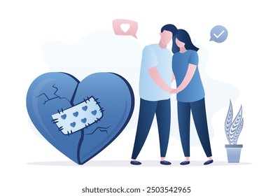 Love couple standing near broken heart with sew patch. Reconciliation concept. Married couple reconciled, heart with scratches and cracks isolated on white. Restore love. flat vector illustration