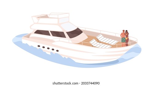 Love couple standing on deck of cruise yacht. Man and woman traveling together on sea boat. People at marine voyage in summer. Flat vector illustration of lovers on ship isolated on white background