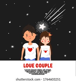 love couple in starfall night cartoon vector.hold hand.romace night.