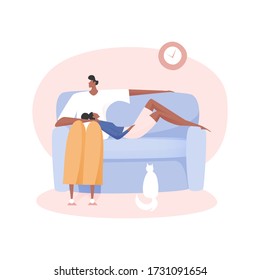 Love couple stay home banner. Quarantine or self-isolation. Coronavirus pandemic. Risk of infection Covid-19. Trendy style vector illustration