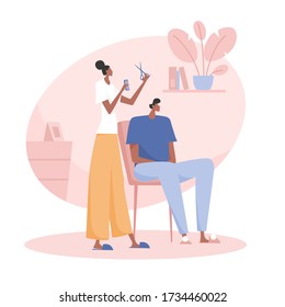 Love couple stay home banner. Quarantine or self-isolation. Coronavirus pandemic. Risk of infection Covid-19. Trendy style vector illustration