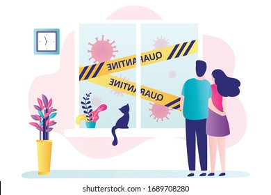 Love couple stay at home, quarantine or self-isolation. Health care concept. Fears of getting coronavirus. Yellow quarantine tapes on window. Global viral pandemic Covid-19. Flat vector illustration