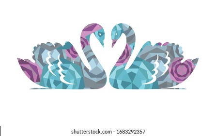 Love Couple Swan Card Shape of Heart Blue Gray Purple