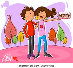 Love couple taking selfie with mobile phone in vector