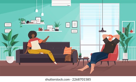 Love couple talking at home. Happy romantic married man and woman sitting in living room interior. Husband and wife in cosy homey apartment, communicating and relaxing. Family relationships