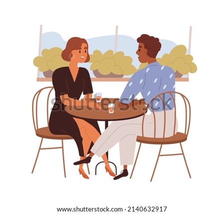 Love couple talking on date in cafe. Biracial man and woman sitting at table in romantic evening, rendezvous. Lovers chatting in restaurant. Flat vector illustration isolated on white background