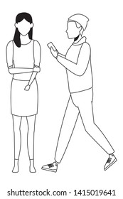 love couple with technology device cartoon vector illustration graphic design