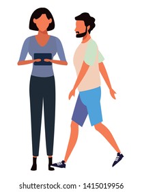 love couple with technology device cartoon vector illustration graphic design