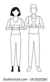 love couple with technology device cartoon vector illustration graphic design