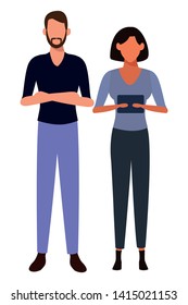 love couple with technology device cartoon vector illustration graphic design