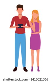 love couple with technology device cartoon vector illustration graphic design