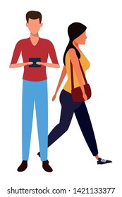 love couple with technology device cartoon vector illustration graphic design