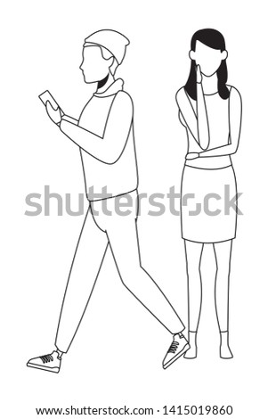 love couple with technology device cartoon vector illustration graphic design