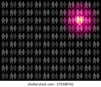 Love couple that stands out from the grey crowd - glowing pink in the dark and rubbing off on the pale neighbor couples. Vector illustration on black background.