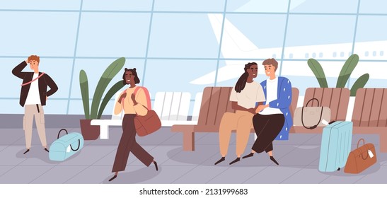 Love couple tourists in waiting room of international airport. People passengers with luggage in departure area. Man and woman with suitcases sitting on chairs at terminal. Flat vector illustration