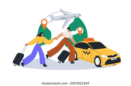 La pareja de amor viaja de vacaciones. Concepto de viaje de luna de miel. Turistas hombres y mujeres se apresuran con equipaje a ir en taxi y en avión. Viaje de vacaciones. Ilustración vectorial plana aislada en fondo blanco