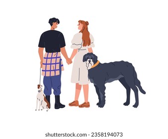 Love couple with two dogs. Happy man and woman, pet owners walking with doggies together. Romantic people, family and cute puppies. Flat graphic vector illustration isolated on white background