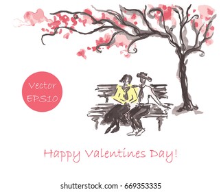 Love couple under cherry blossom. Happy valentines day card design. Pencil drawing.