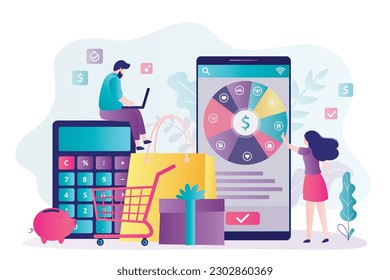 Love couple uses smart gadgets and planning family budget in financial planner application. Tiny people thinking about earnings and spendings. Round pie chart with dollar coin and indications. vector