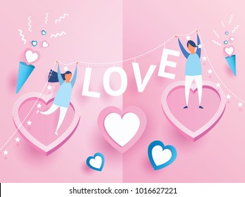 Love couple. Valentine's day Celebration on pink heart with text LOVE design for Valentine's day festival. love pink background. Vector illustration..paper art style.