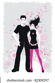 Love couple. Vector illustration of two young people on abstract background with butterflies