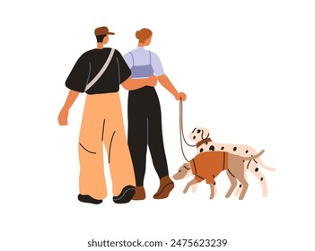 Love couple walking dogs. Man and woman, pet owners holding leash, strolling outdoors. Valentines going, leading cute puppies, companion doggies. Flat vector illustration isolated on white background