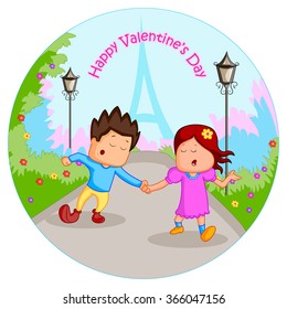 Love couple walking near Eiffel Tower for Valentine's day in vector