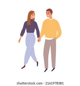 Amor pareja caminando fuera, tomándose de la mano, hablando. Feliz sonriente joven y mujer paseando, yendo. A los románticos les encanta la cita. Ilustración vectorial plana aislada en fondo blanco