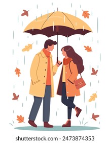 Liebespaar geht im Regen spazieren. Romantisches Date im Regentag, Wetter in der Herbstsaison. Glückliches Paar in Regenmänteln, das unter dem Schirm in der City Street steht. Flache grafische Vektorillustration isoliert