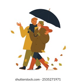 Amo casal andando na chuva. Data romântica em dia chuvoso, estação do outono do tempo. Mulher romântica feliz e homem passeando, conversando juntos. Namorado sorridente, namorada