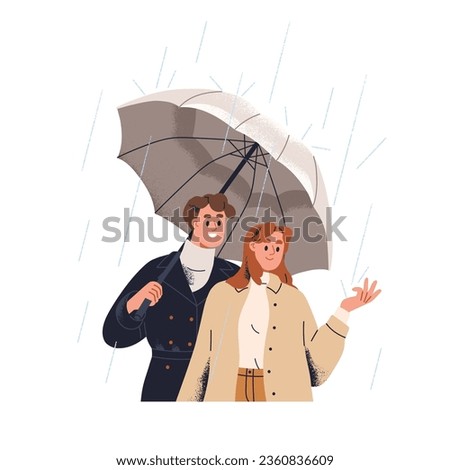 Love couple walking in rain. Romantic date in rainy day, weather in fall season. Happy man and woman under umbrella in shower, rainfall. Flat graphic vector illustration isolated on white background