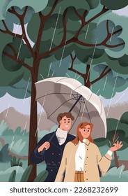 Una pareja de amor caminando en un clima lluvioso, día. Feliz hombre y mujer romántico en temporada de lluvia. Gente en cita en la naturaleza, al aire libre, paseando bajo el paraguas en lluvia, diluvio. Ilustración vectorial plana