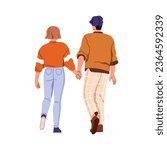 Love couple walking together, holding hands, back view. Young man and woman going away, strolling from behind. Romantic people, lovers. Flat graphic vector illustration isolated on white background