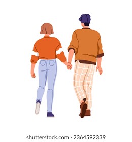 Una pareja de amor caminando juntos, tomándose de la mano, mirando hacia atrás. Joven hombre y mujer desapareciendo, paseando por detrás. Gente romántica, amantes. Ilustración vectorial gráfica plana aislada en fondo blanco