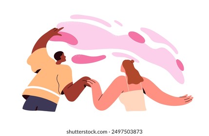 Love couple watching, looking wonder, imagining miracle together. Man and woman in romantic relationship. Valentine dreamers inspiration. Concept flat vector illustration isolated on white background.