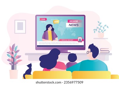 Love couple is watching TV. Parents with kid enjoying an evening together on sofa watching breaking news. family back view. home living room. Newscaster, journalist on screen. flat vector illustration