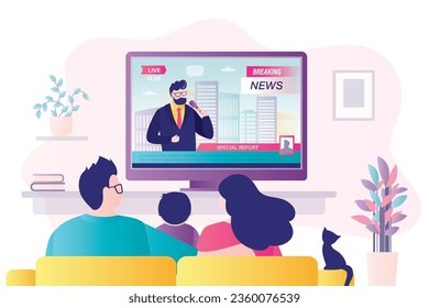 Love couple is watching TV. Parents with kid enjoying an evening together on sofa watching breaking news. family back view. home living room. Newscaster, journalist man on screen. vector illustration