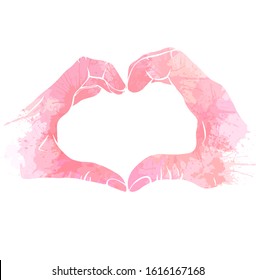Love couple. Watercolor illustration of two hands with heart shape and pink splashes and spray. Pair of people. Greeting card for Valentines Day. Vector card for invitation, banner and your creativity